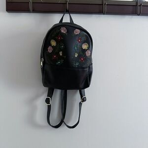 Small Mini‎ Floral Faux Leather Black Backpack Art Inspo Embroidered Flowers